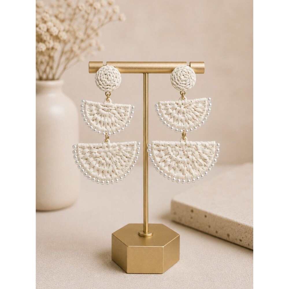 On 34th Gold-Tone Stone Bead & Woven Raffia Drop Earrings - NWT